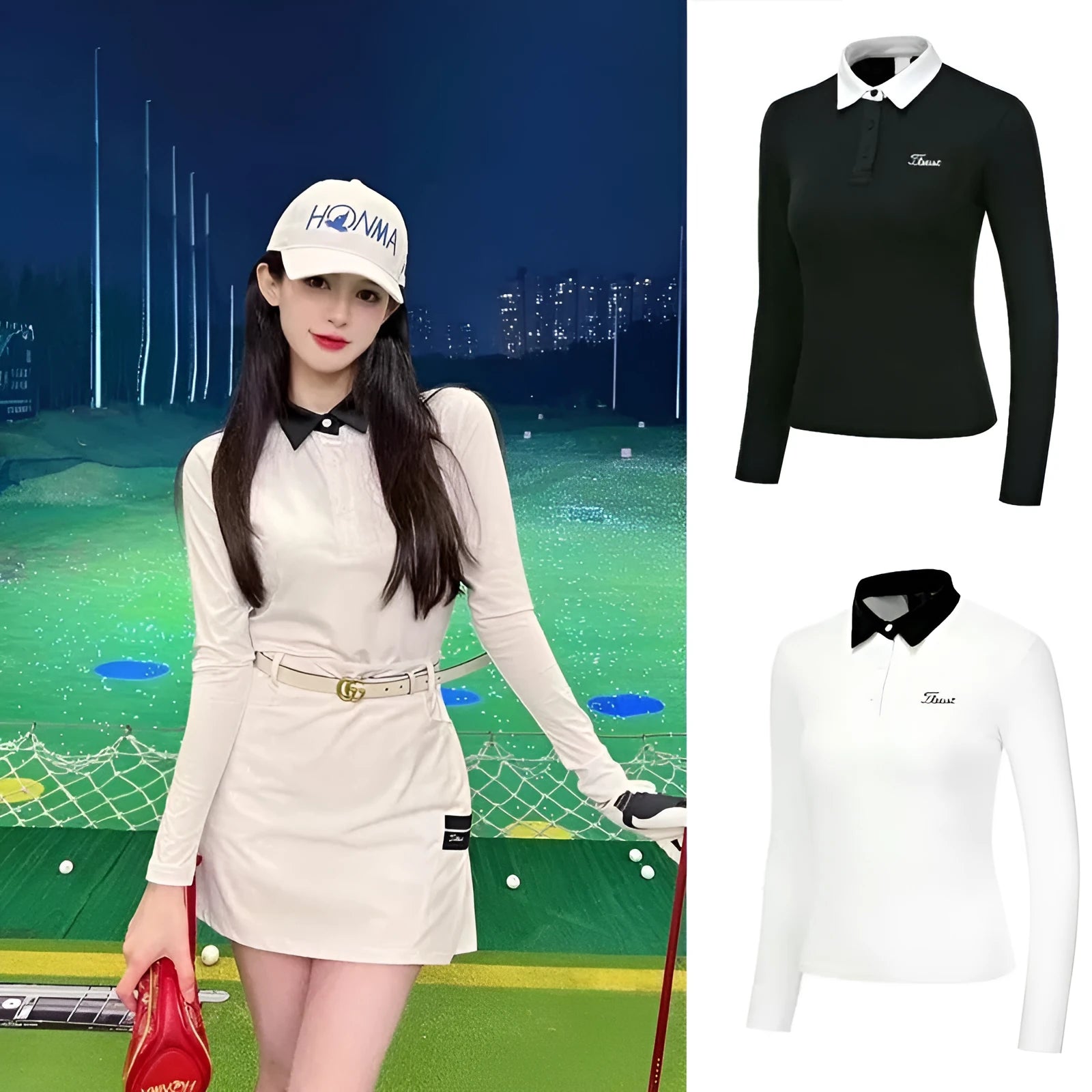 Women's white long sleeve polyester golf top with slim fit design for outdoor sports