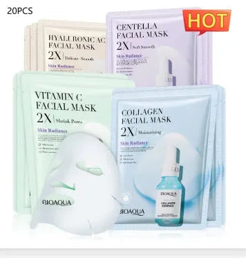 Single-use facial sheet mask with 30g of gel containing collagen, hyaluronic acid, vitamin C, or Centella Asiatica.