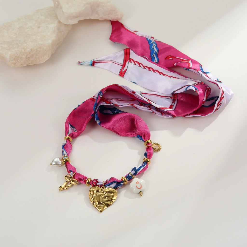 Stainless steel jewellery set with colourful silk scarf geometric pendant, necklace and bracelet