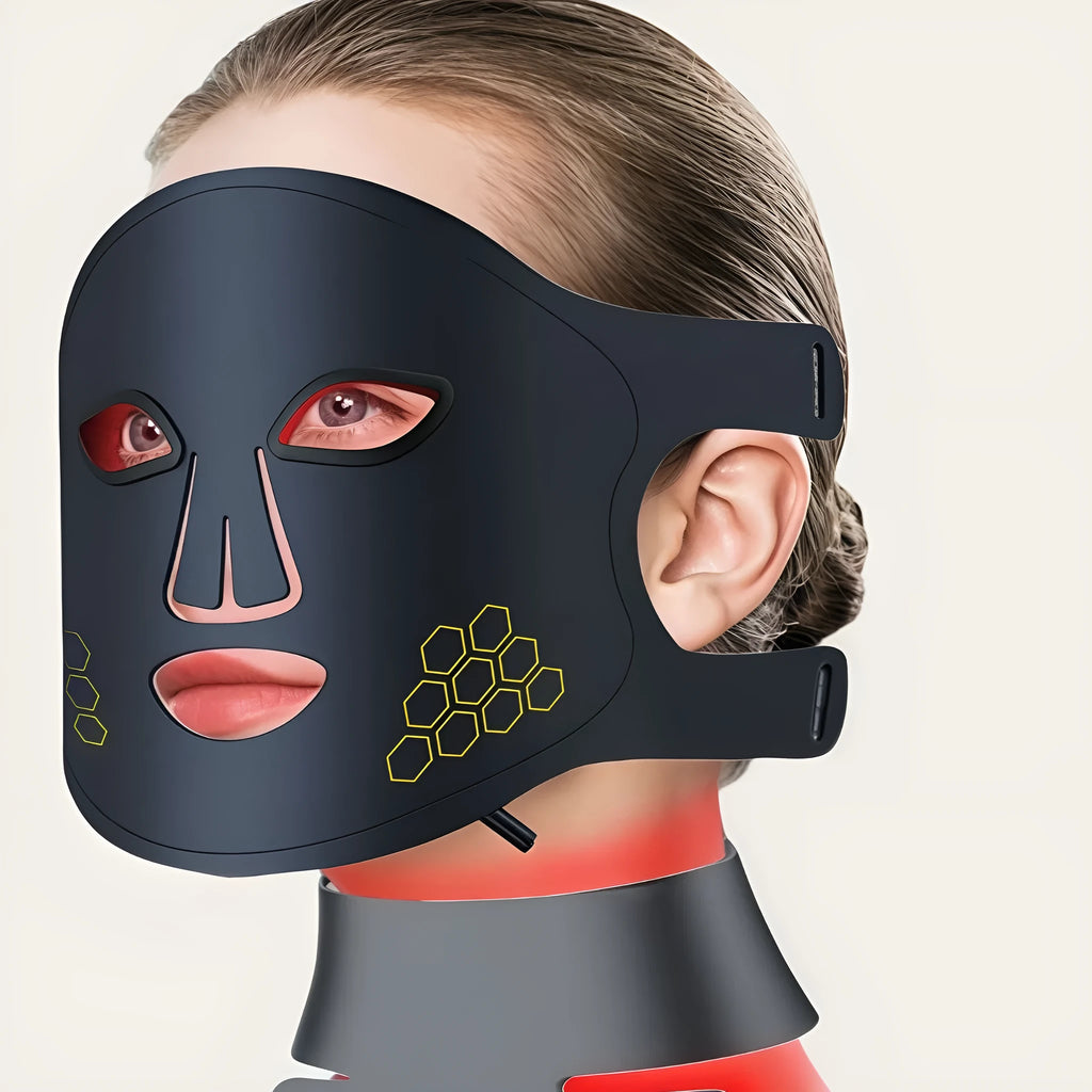 Four-color LED photon mask for home use, infrared light therapy, black model with neck care panel