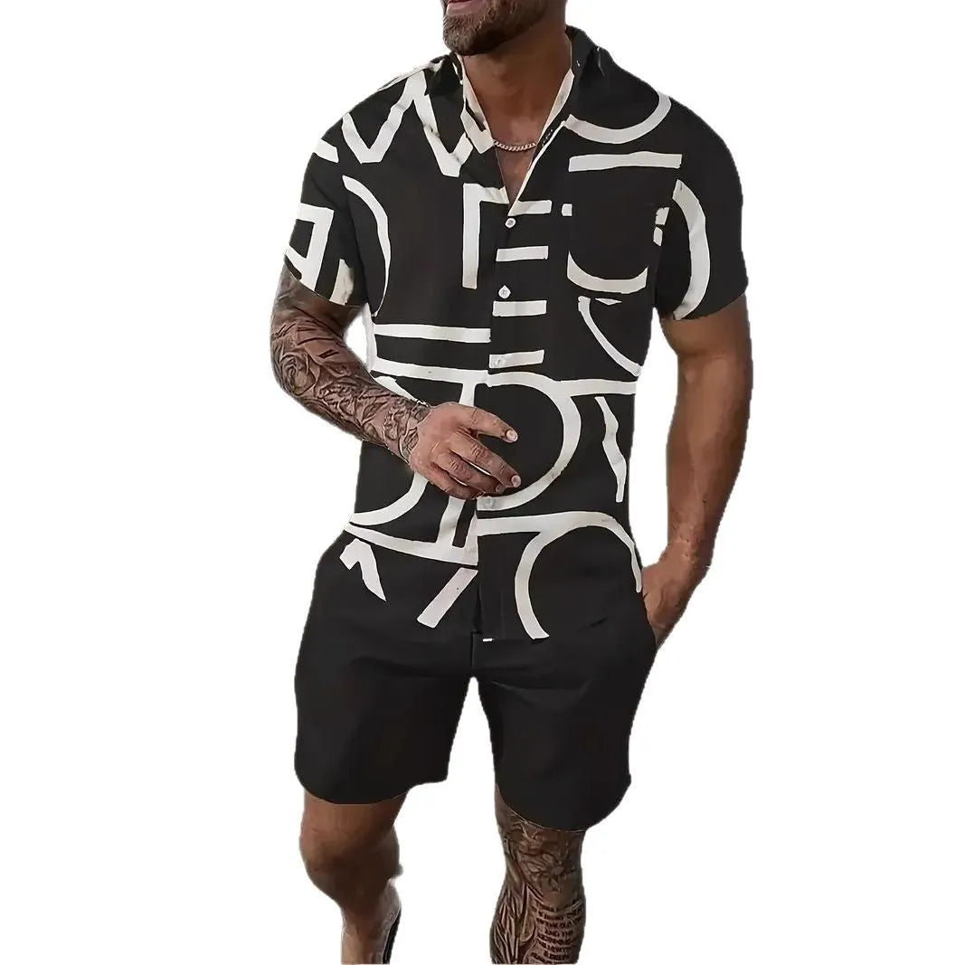 Men's Hawaiian print short sleeve suit set with matching trousers in polyester