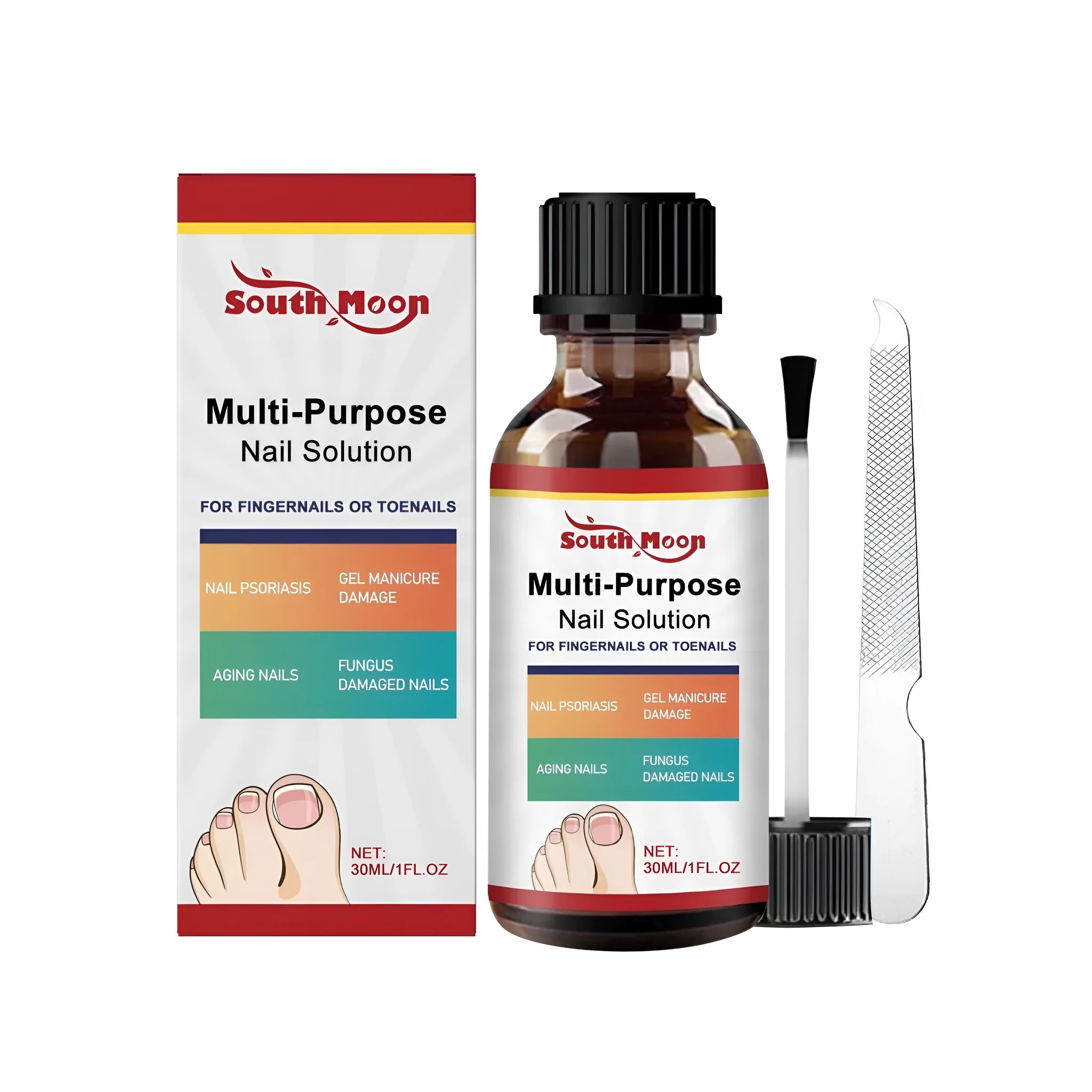 30ml bottle of nail care solution with tea tree oil and white willow bark, includes nail file