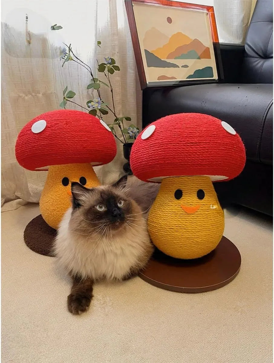 Round mushroom-shaped foldable cardboard cat scratcher lounge on a carpet.