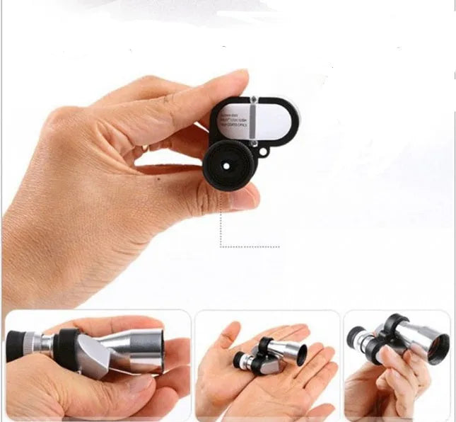Compact aluminium 8x20 monocular telescope with foldable eyecup, shown with canvas carry bag and lens cloth.