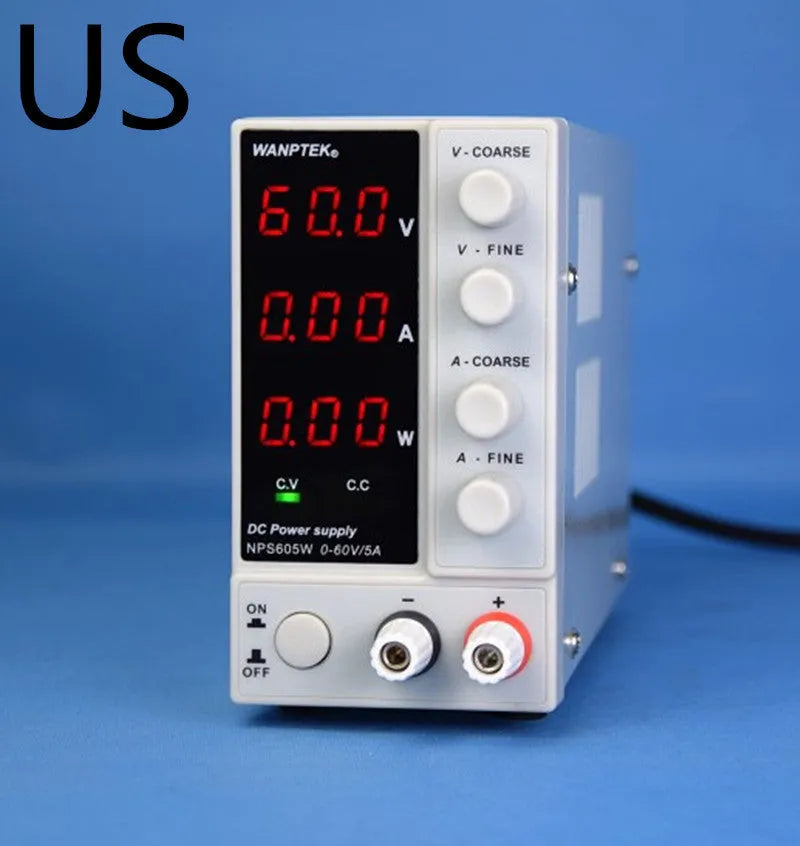 White S605W adjustable DC laboratory power supply with voltage and current controls for electronic repair.