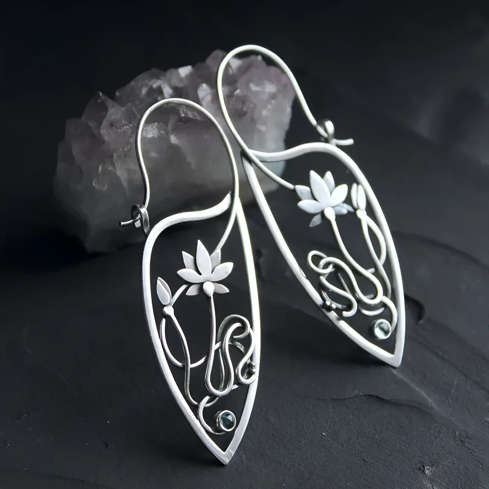 Pair of silver electroplated alloy lotus vine flower geometry earrings for women, retro style
