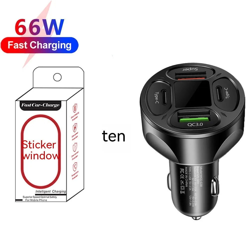 66W 2USB 2 Type-C digital display car charger in black with compact design and voltage readout
