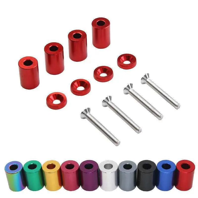 Aluminium alloy automotive bolt kit with screws, nuts, and washers in black, blue, and red colours