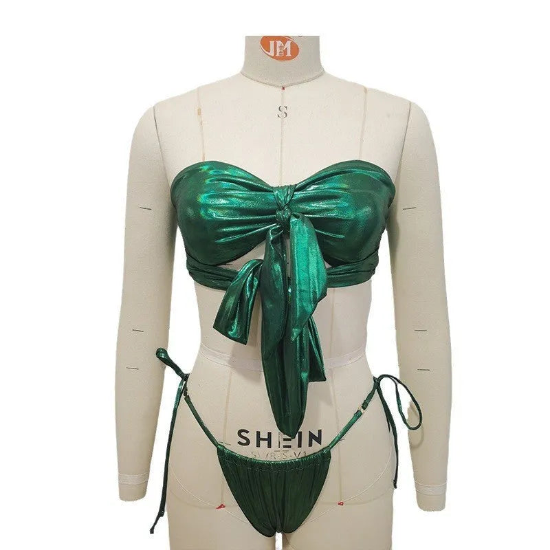 Women's lace-up front swimsuit with wireless bra and split-leg design in floral print
