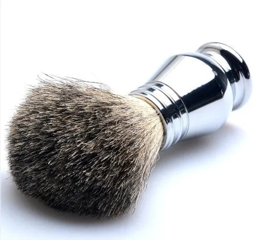 CSB men's shaving kit featuring a chrome razor and stand, badger hair brush, and zinc alloy soap bowl