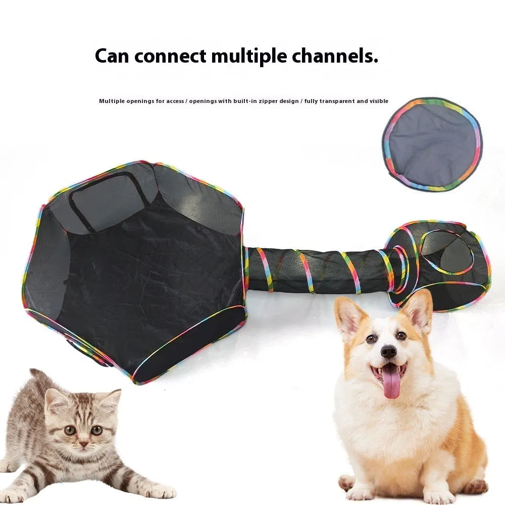Foldable mesh cat roll cage pet toy showing multiple shape options including hexagonal and tent styles