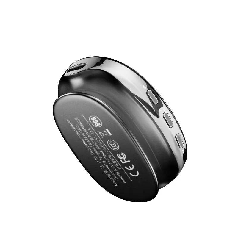 Bluetooth MP4 music player with OLED screen in black blue rose gold colours showing audio format support and 30-hour battery