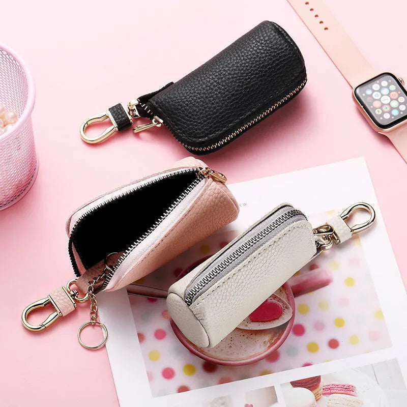 Men's black waterproof PU leather key case with zipper closure for car keys