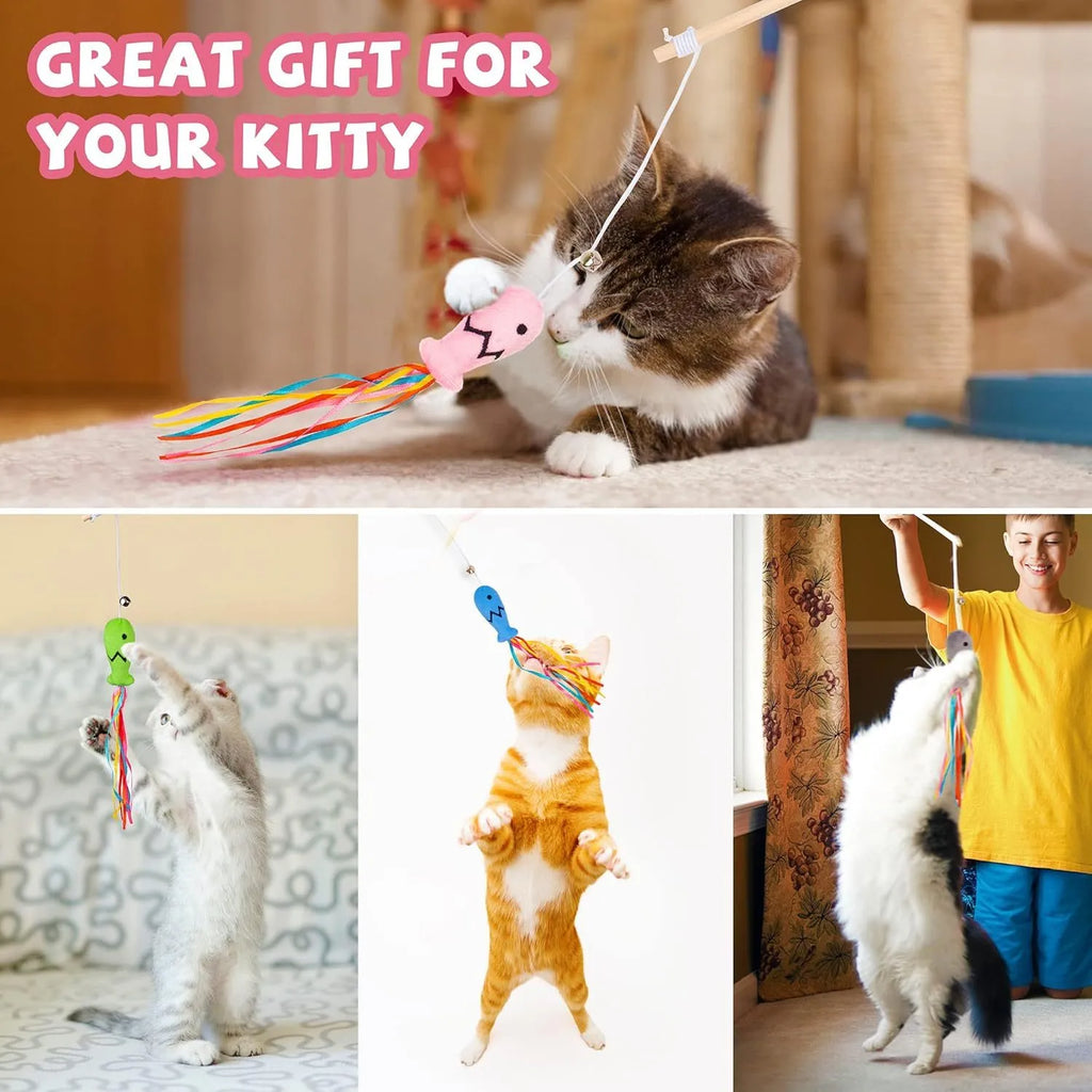 Cat wand toy with colourful ribbons, catnip fish and bell on 40cm wooden handle