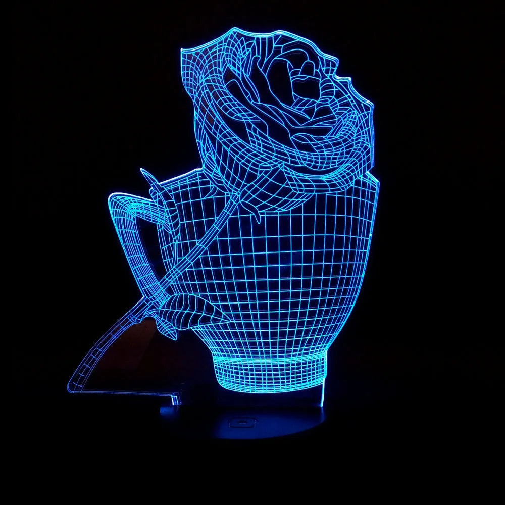 3D rose design acrylic LED night light with remote control on a black ABS base