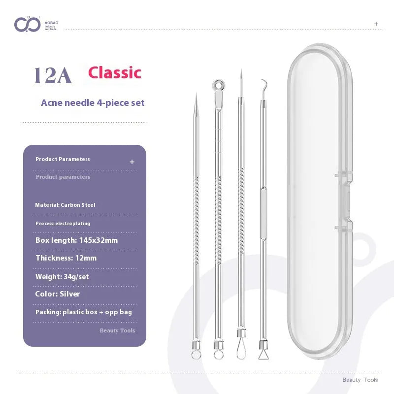 Four silver metal acne needles with fine pointed tips laid out on a surface.