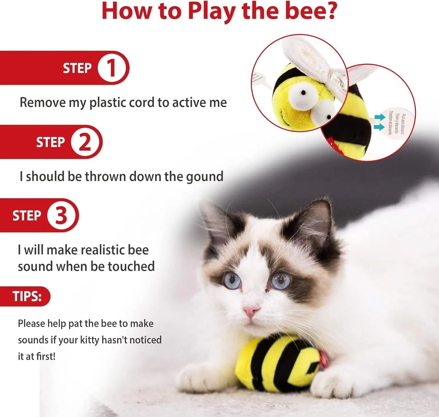 Yellow bee-shaped flannelette cat toy with motion-activated electronic squeak.