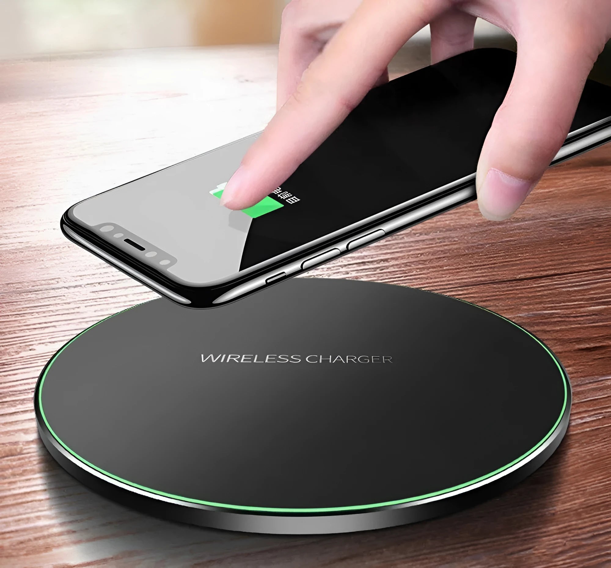 Black square ultra-thin wireless fast charger with USB cable on a desk