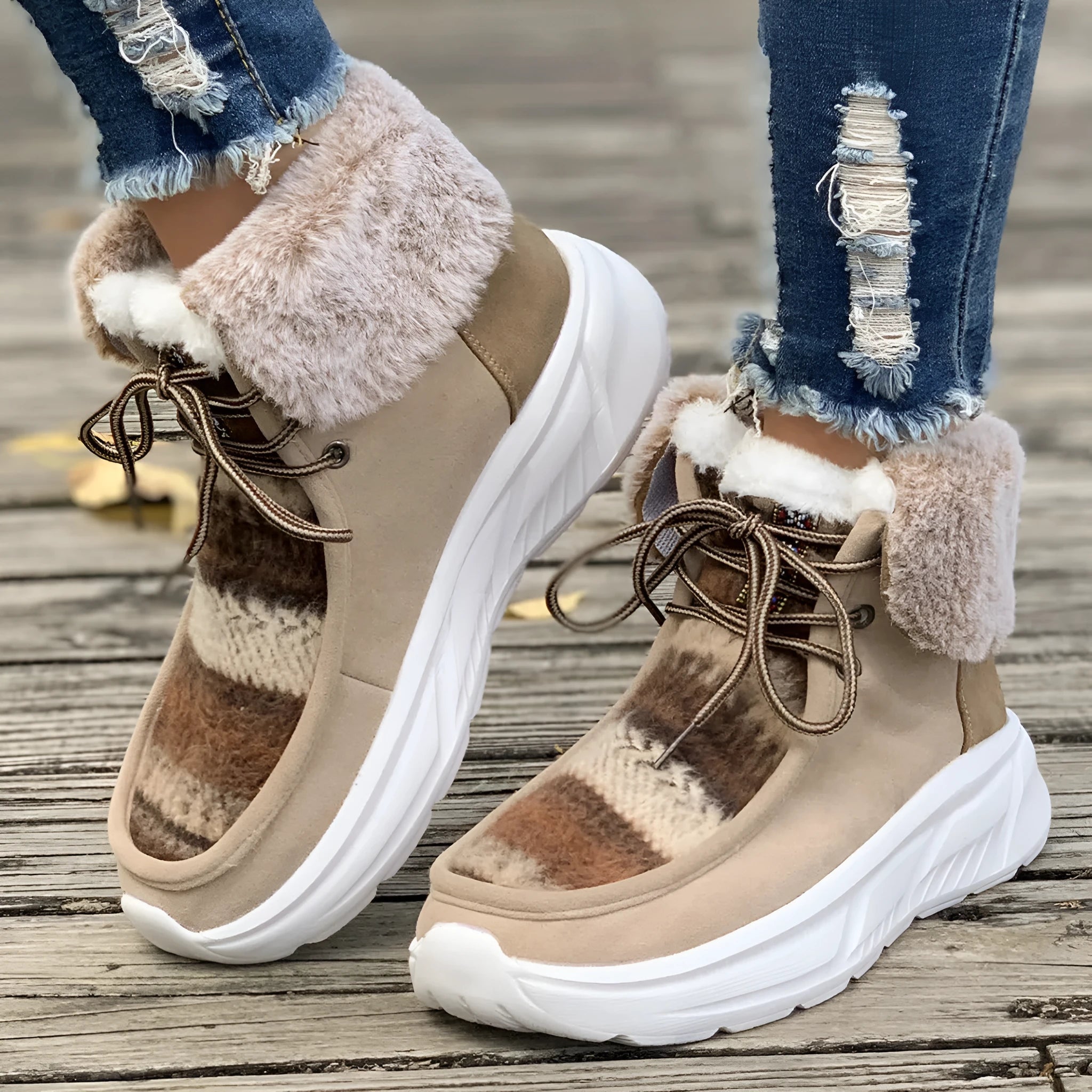 Beige women's lace-up suede snow boots with thermal lining and a thick rubber sole.