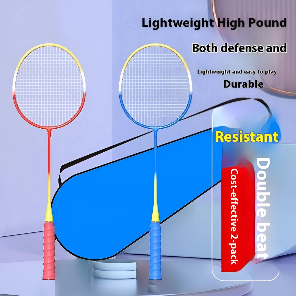 Pair of blue and red alloy badminton rackets with split design for storage