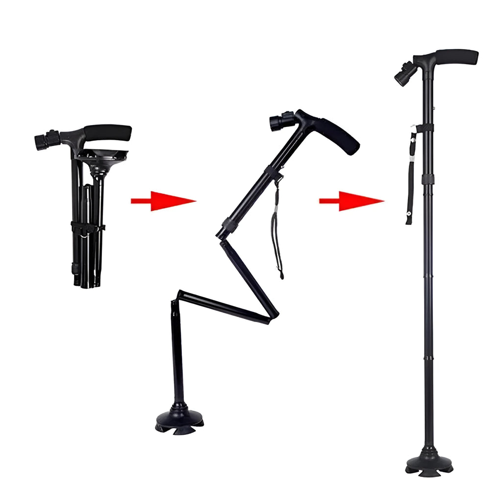 Black LED folding cane for elderly with aluminium tube construction and 6 LED flashlight