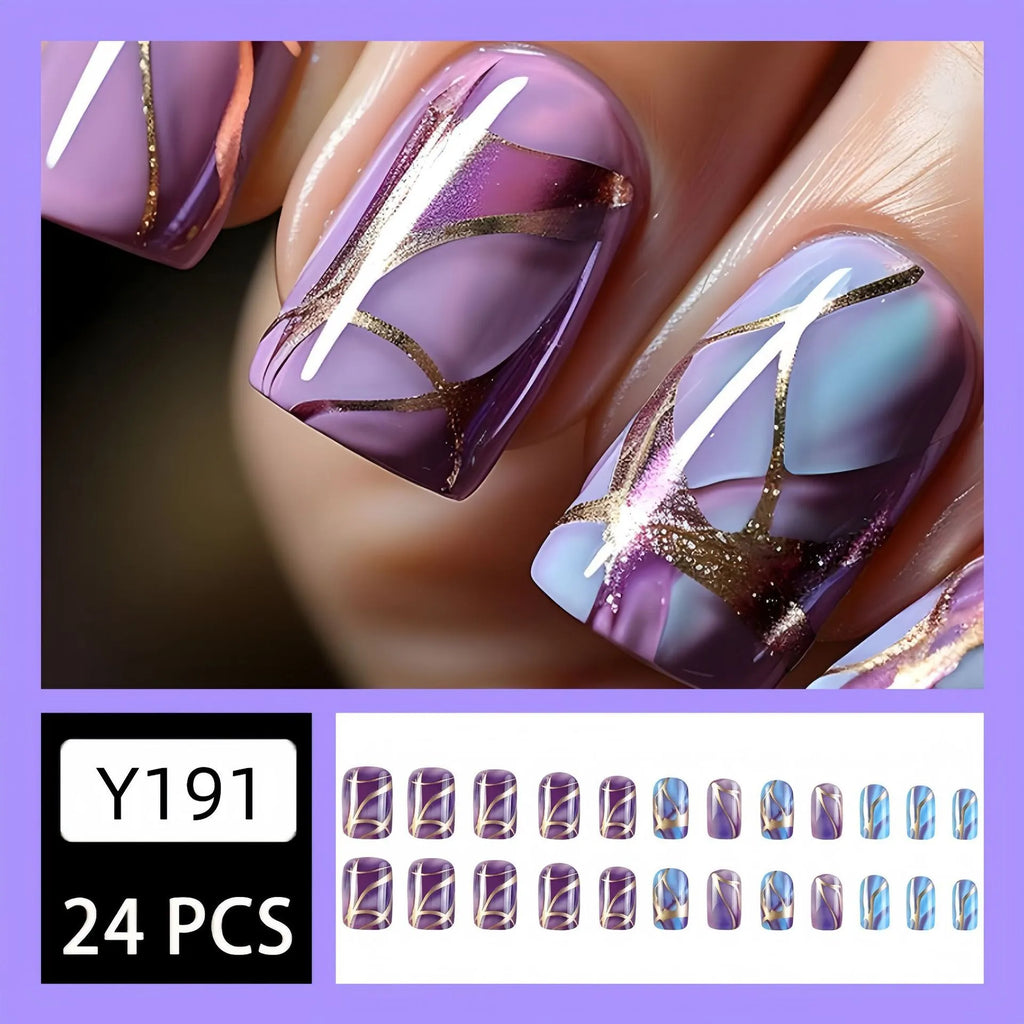 Purple striped mid-length nail stickers set in European American style on a white background