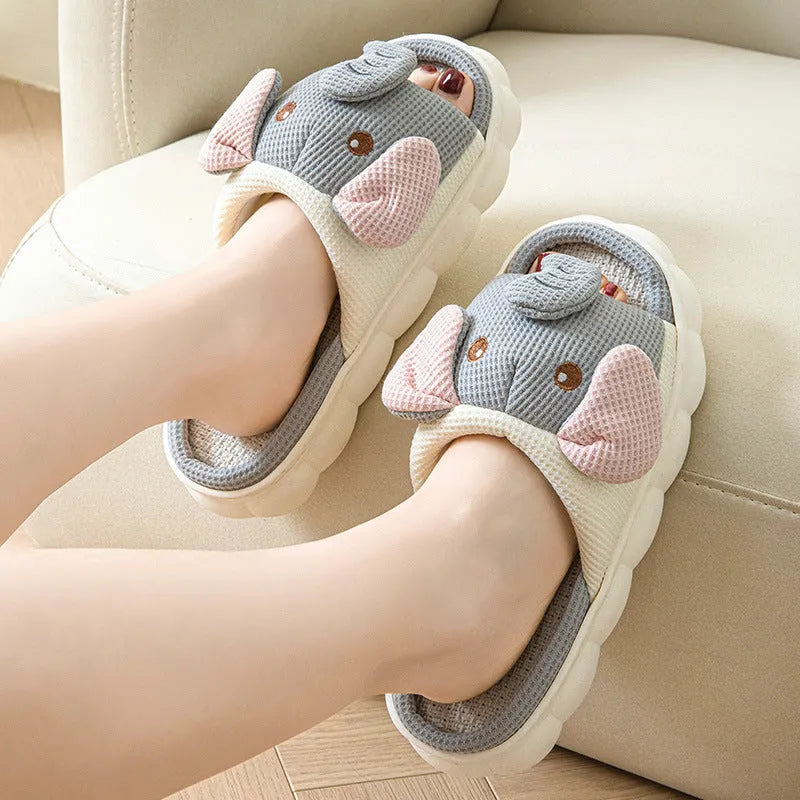 Elephant gray linen open toe couples slippers with PVC sole and EVA midsole on a neutral background