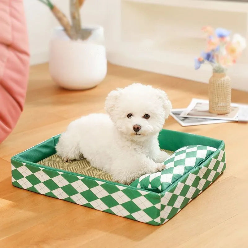 Blue rattan woven cat litter mat and pet bed placed on a wooden floor.