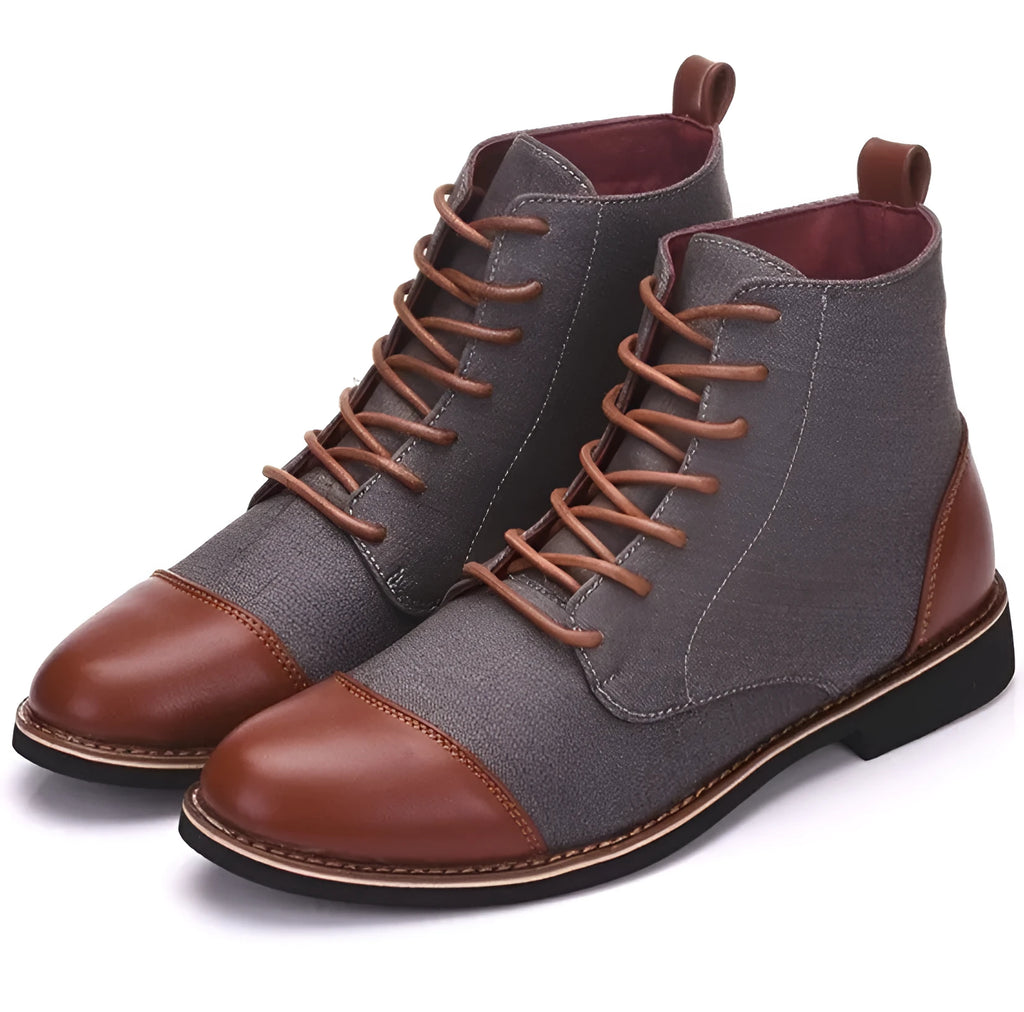 Men's leather motorcycle boots with belt buckle detailing in black, blue, grey, or khaki colours