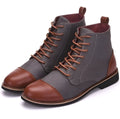 Men's leather motorcycle boots with belt buckle detailing in black, blue, grey, or khaki colours