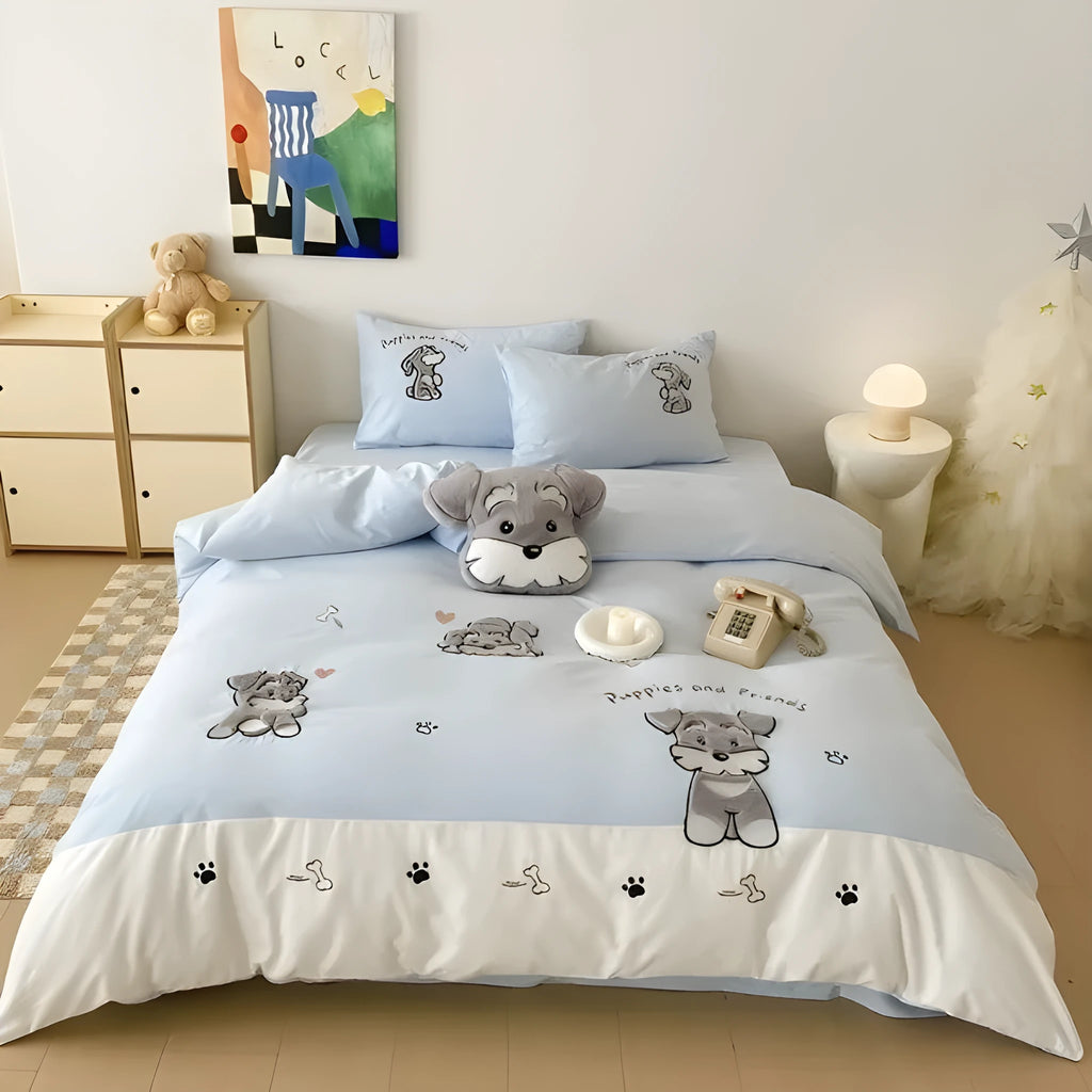 Cute cartoon Schnauzer dog pattern on a thickened cotton bedding set with embroidery.