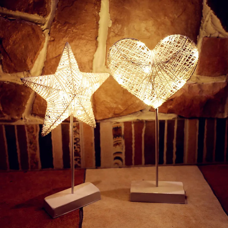 Rattan LED decorative light in star, heart or moon design with copper wire accents