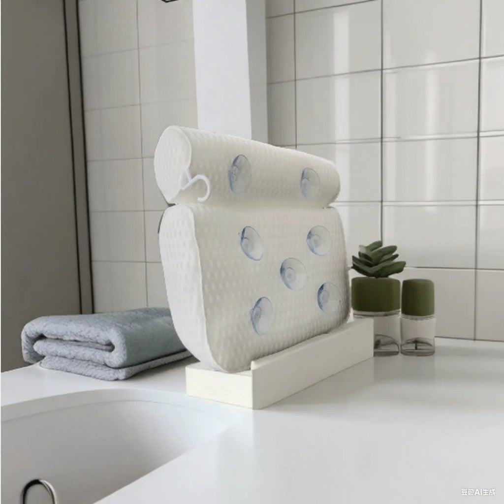White bathtub pillow with 4D mesh construction and 7 suction cups measuring 37x34cm