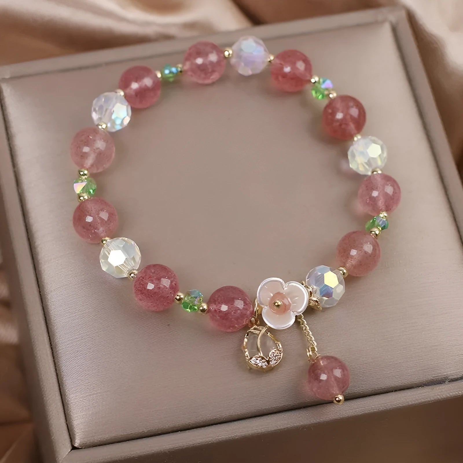 Double-layer crystal bracelet with Lucky Cat charm in Red Cat's Eye Flowers colour