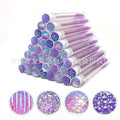 Disposable spiral mascara brushes in blue, green, pink, and purple with transparent storage tubes on white background