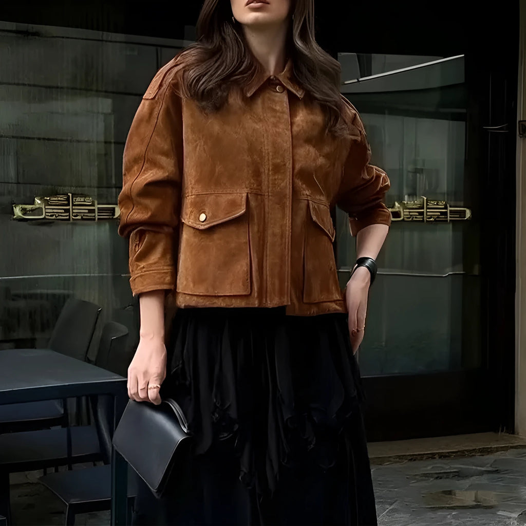 Women's brown suede coat with regular sleeves in street chic style showing front view
