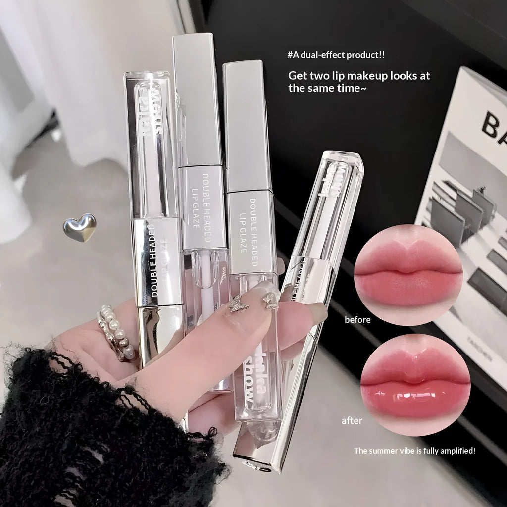 Kakashow double-headed lip glaze in velvet water gloss finish with five colour swatches