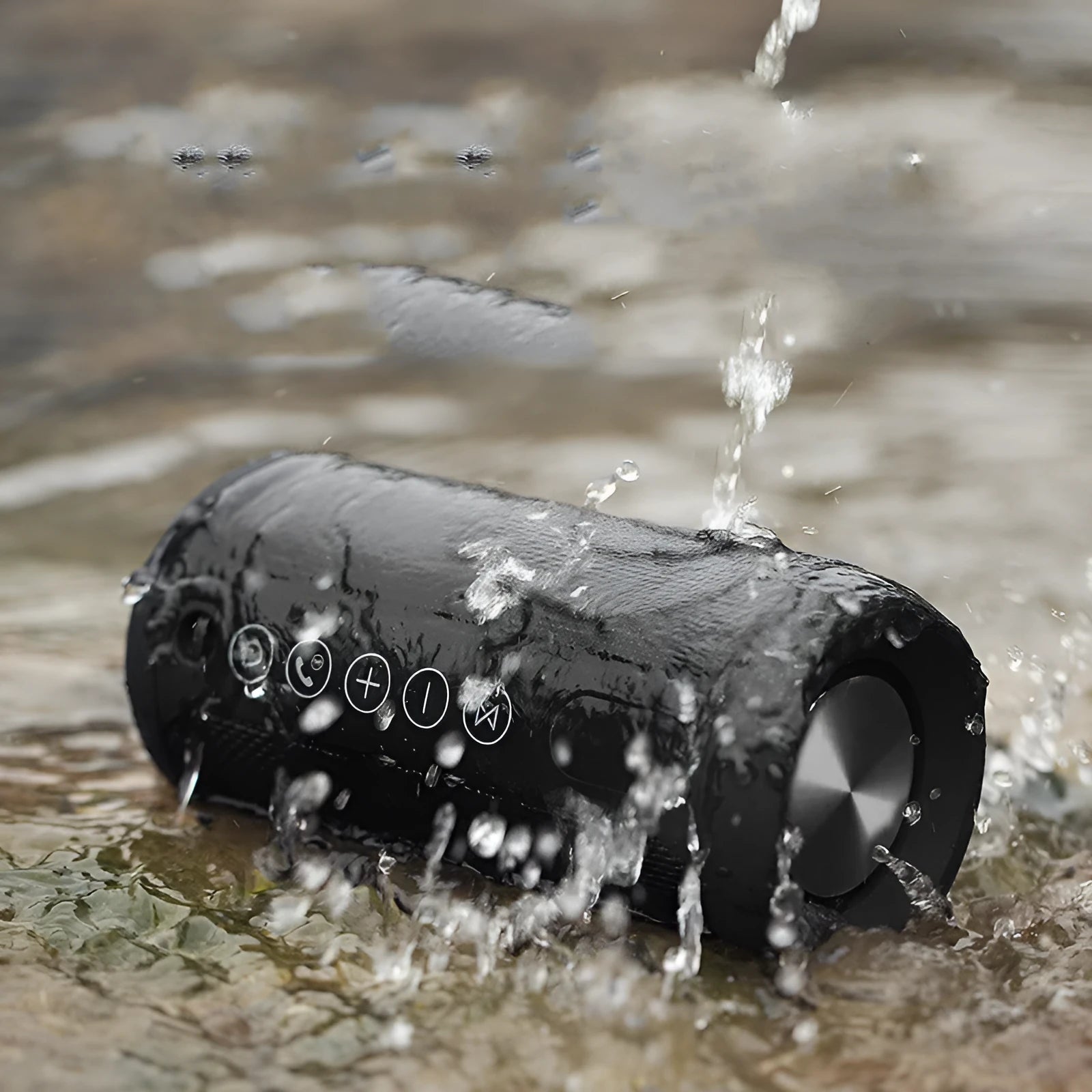 Outdoor waterproof portable Bluetooth speaker in black, camouflage, grey, or red colour options.