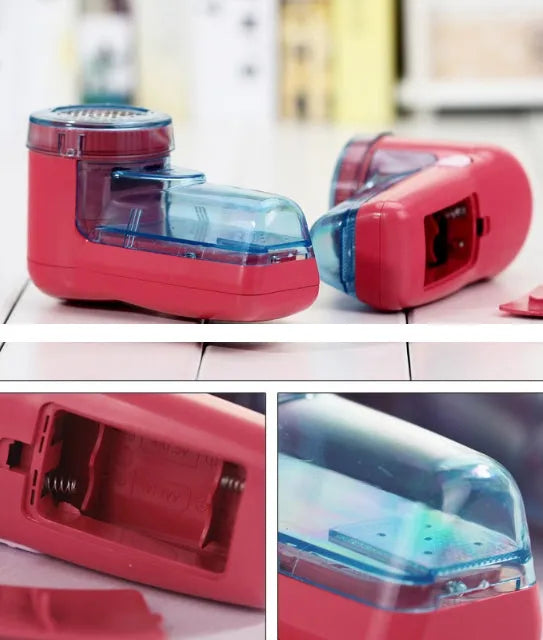 Portable electric clothing lint remover showing compact white body and shaving head