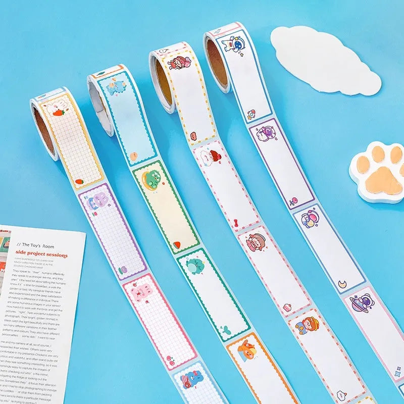 Roll of creative cartoon tape stickers showing dinosaur, astronaut, rabbit, and girl designs.