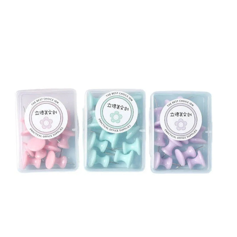 Boxed set of macaron colour plastic push pins in cherry blossom powder, mint green, and lavender, including small and large sizes