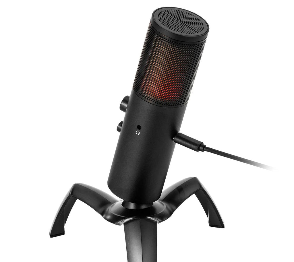 Black Q18 two directional condenser microphone with RGB lights on a tripod stand