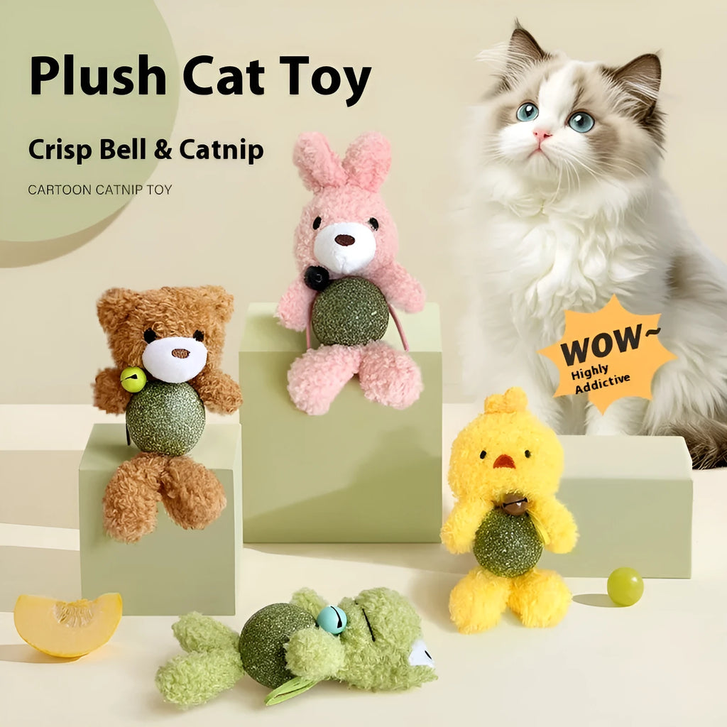 Plush cat toy shaped like a doll with a mint ball inside, showing brown bear design next to a measuring tape.