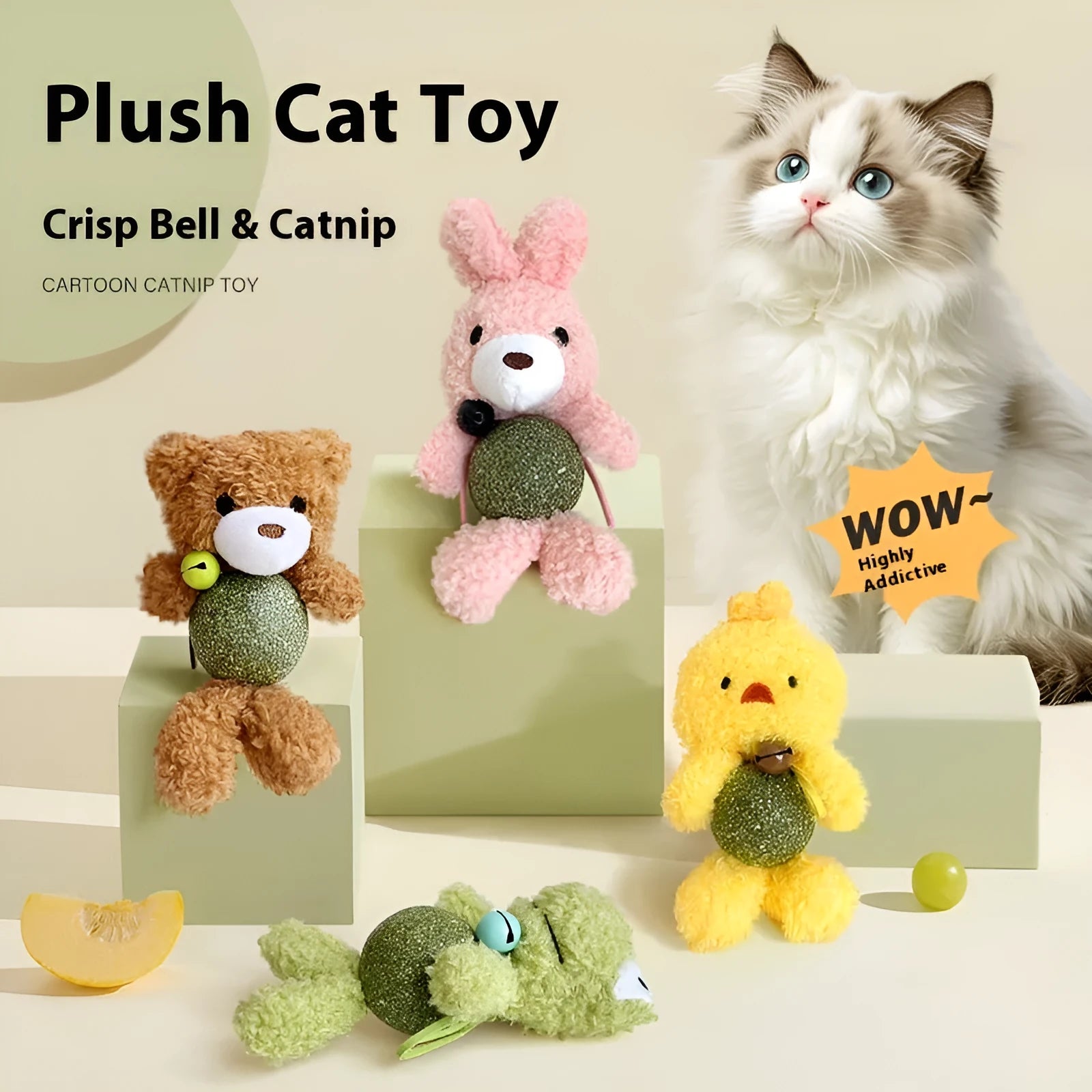 Plush cat toy shaped like a doll with a mint ball inside, showing brown bear design next to a measuring tape.