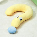 Blue rectangular pet sleeping cushion for cats and dogs on a wooden floor.