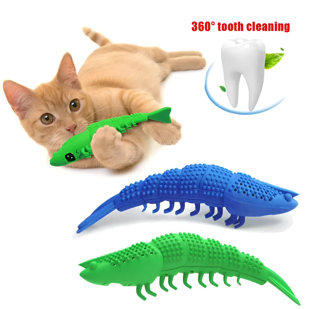 Blue catnip toy with bell for 360 degree teeth cleaning, hard rubber construction