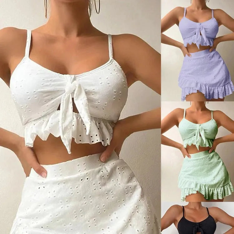 Women's solid colour three-piece split hip skirt bikini set in polyester for swimming and wading