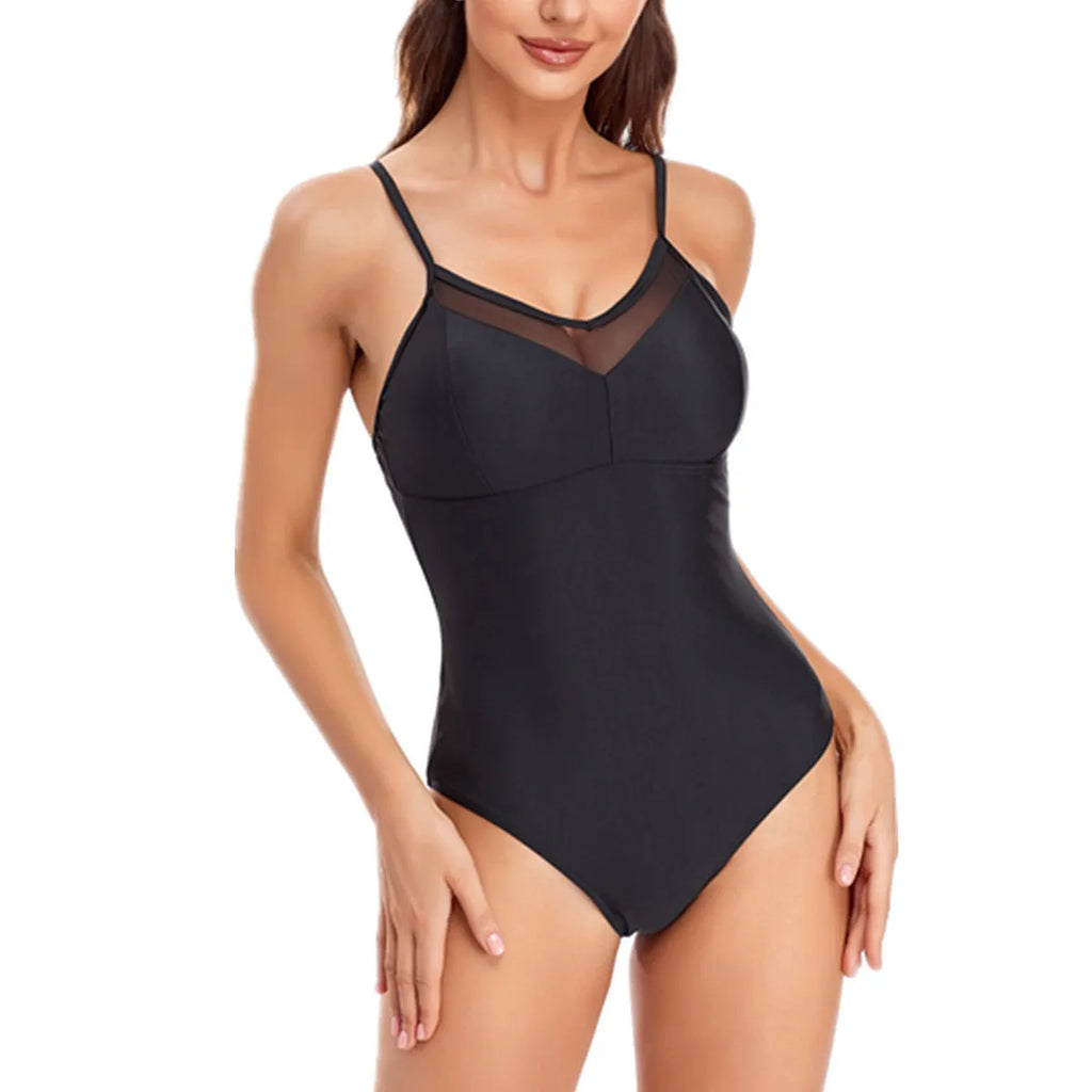 Ladies mesh solid colour one-piece swimsuit with backless design in black or blue, sizes S to XXL