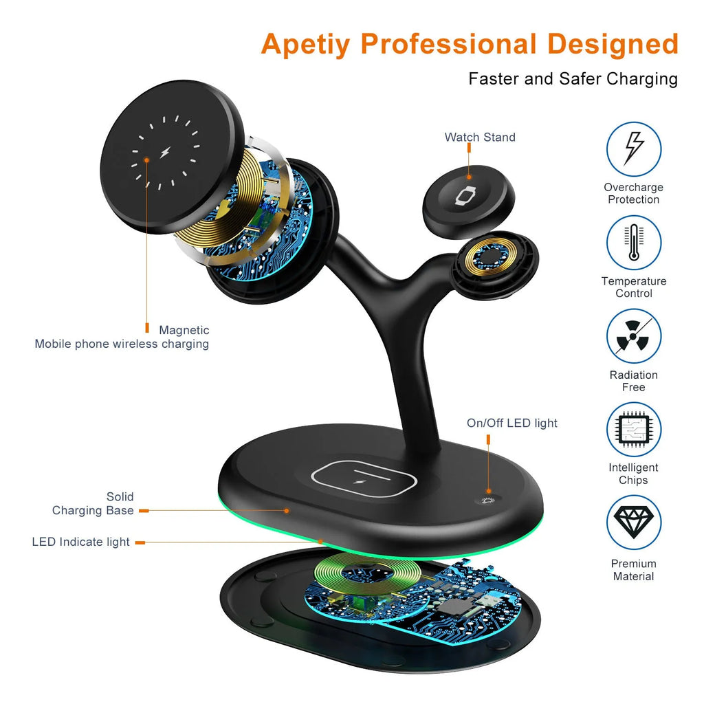 Black magnetic wireless charger with three functions and ABS plastic casing