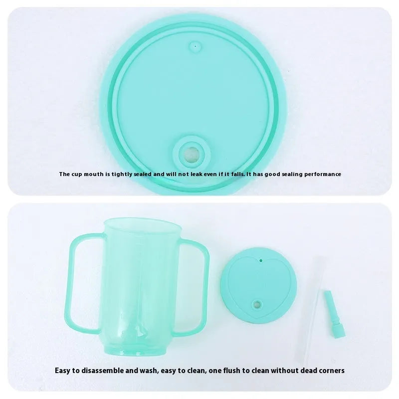 Angled mouth choke-proof bedside drinking cup with handle and lid, shown in PP plastic.